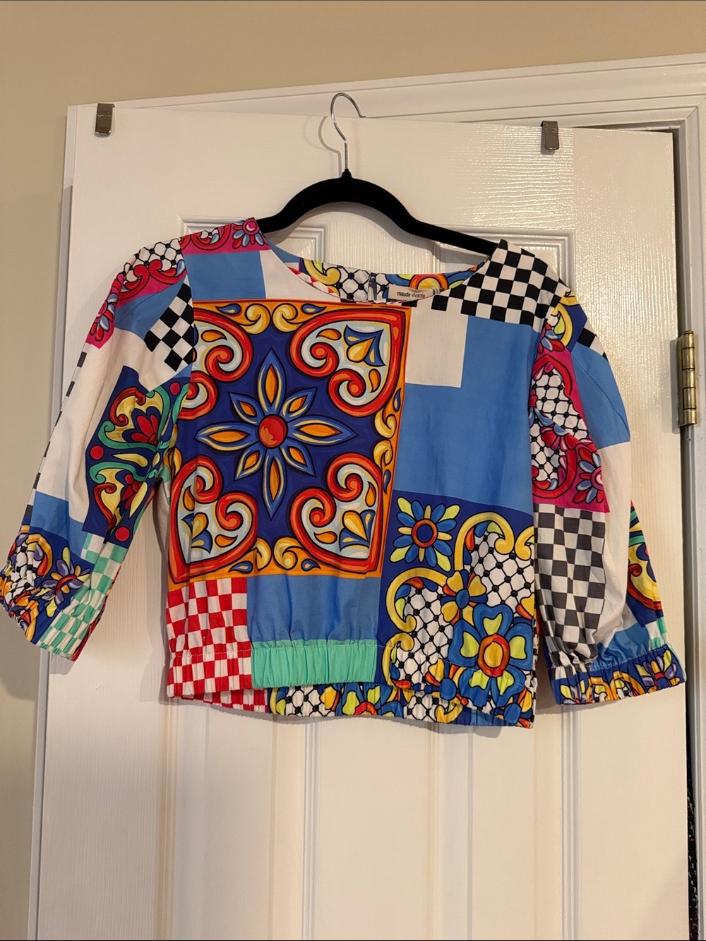 Maude Vivante 3/4 sleeve Colorful Patchwork Floral-Print Women's Top
